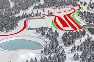 Millionenförderung für Wintersport am Fichtelberg - Unter dem Titel „Mission Sparkassen-Skiarena 2026" vermittelt der WSC Erzgebirge Oberwiesenthal schon einmal einen Eindruck vom künftigen Wasserspeicher zum Beschneien der benachbarten Skiarena am Fichtelberg.