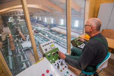 Millioneninvestition in Zwönitz: Holz ist knapp - doch Sägewerk wächst - Sägewerker Jörg Kittler beim Bedienen des Sägegatters.
