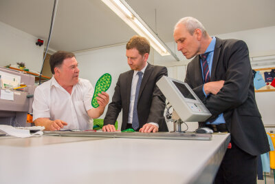 Ministerpräsident besucht Eibenstocker Stickerei - Firmenchef Hartmut Funke (links) erklärt Ministerpräsident Michael Kretschmer und Eibenstocks Bürgermeister Uwe Staab  die Funktionsweise der innovativen Sohle.