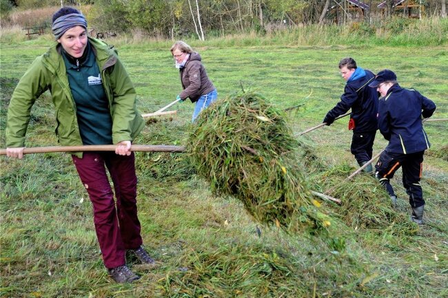 Mit Rechen und Heugabeln: Jugendliche packen im Umweltzentrum an - Christina Melzer, Fachberaterin des Naturparks Erzgebirge/Vogtland (vorn), und Lehrerin Jana Dölling (hinten) halfen den Jugendlichen. 