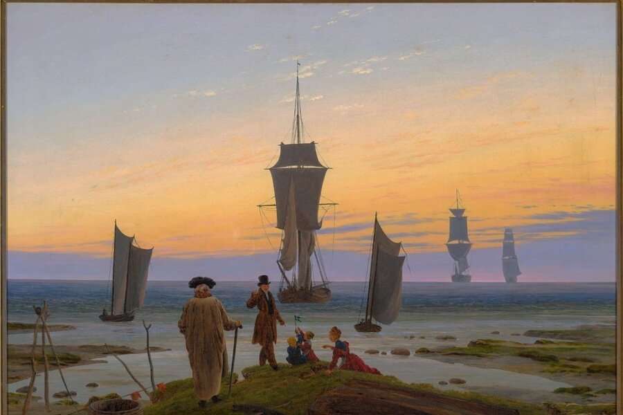 Mit und ohne Weichzeichner - Das berühmte Bild "Lebensstufen" von Caspar David Friedrich zeigt eine Familie vor abendlicher See mit fünf Segelschiffen. 