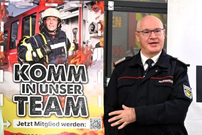 Mittelsachsen: Wenn es bei der Feuerwehr-Lobby brennt - Verbandschef Michael Tatz präsentiert ein Motiv einer Plakatkampagne. Doch nicht nur die freiwilligen Feuerwehren ringen um Nachwuchs, auch die Verbandsführung selbst.