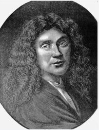 Molière -  der Großmeister der Komödie - Zeitgenössischer Stich des französischen Dichters und Schauspielers Molière, der eigentlich Jean-Baptiste Poquelin hieß. Er wurde am 15. Januar 1622 in Paris geboren.