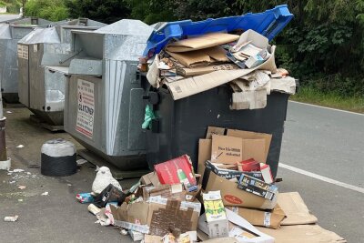 Müll quillt über: Warum dieses Problem im Vogtland nicht gelöst ist - Der Papiercontainer an der Drödaer Straße: übervoll, Müll daneben. Doch der Entsorger leert ihn bisher nicht.