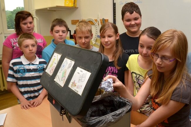 Mülltrennung in jedem Klassenzimmer - Die Klasse 6 der Evangelischen Mittelschule Lunzenau achtet genau auf die Mülltrennung. Dazu wurde sogar der Mülleimer beschriftet.