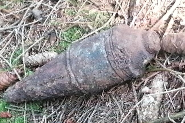 Mysteriöser Knall nach Granatenfund im Vogtland beunruhigt Anwohner - Diese Munition hat eine Spaziergängerin am Freitag im Wald bei Schneckengrün gefunden. Sie war mit ihrem Hund unterwegs.
