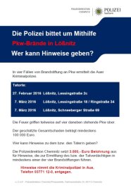 Nach Pkw-Bränden in Lößnitz: 3000 Euro Belohnung für Hinweise - Diese Fahndungsplakate hat die Polizei im Bereich der Tatorte in Lößnitz aufgehängt.