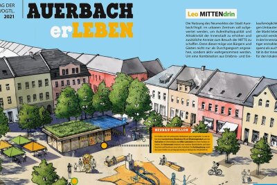Nach Preisverleih: Auerbach plant Umgestaltung des Neumarktes - Mit dieser Projektskizze holte sich die Stadt Auerbach beim diesjährigen City-Wettbewerb "Ab in die Mitte" den zweiten Preis - der Neumarkt als künftiges "grünes Wohnzimmer" der Stadt, so der Plan.