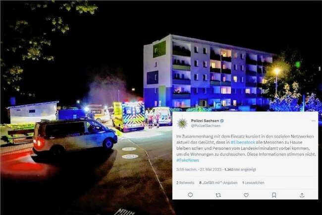 Nach Schüssen in Eibenstock: Polizei widerspricht Fakenews - Mit diesem Tweet widerspricht die Polizei Falschmeldungen über vermeintliche Wohnungsdurchsuchungen am Samstag in Eibenstock. 