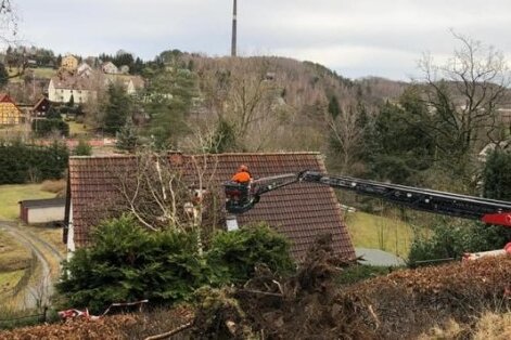 Am Hammerberg in Halsbrücke war ein Baum auf ein Haus gefallen. Bei der Beseitigung half die Oederaner Feuerwehr.