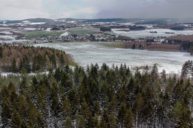 Blick vom Fronberg in Richtung Auerbach. Im Tal Reumtengrün, auf dessen Flur sich die mit 587 Metern ü.N. höchste Erhebung des Höhenzuges befindet.Foto: David Rötzschke