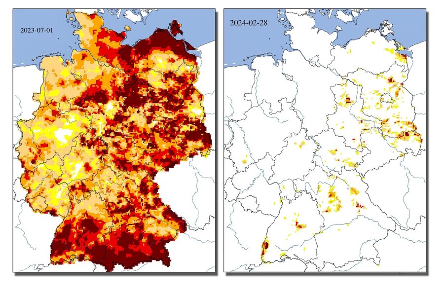Nasser Winter lässt Dürre in Sachsen fast vollständig verschwinden - Je dunkler, desto trockener: Im Juli 2023 zeigte der Dürremonitor in weiten Teilen Nord- und Süddeutschlands trockene Böden (linke Darstellung). Acht Monate später ist die Lange ganz anders. Und das auch in Sachsen.