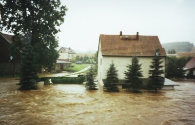 Naundorf erinnert sich an Hochwasser - <p class="artikelinhalt">1,70 Meter hoch stand das Wasser am 13. August 2002 in Naundorf. Vom Schuppen hinter den drei inzwischen gefällten Fichten lugte nur noch ein Stück Dach heraus. </p>