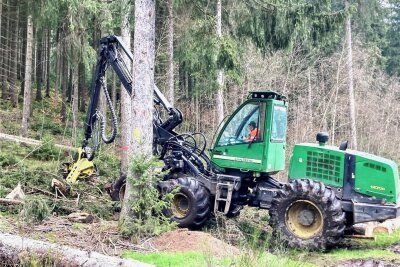 Neue Genossenschaft im Erzgebirge informiert zum Thema Holz - Ein Harvester bei der Arbeit im Erzgebirgswald. 