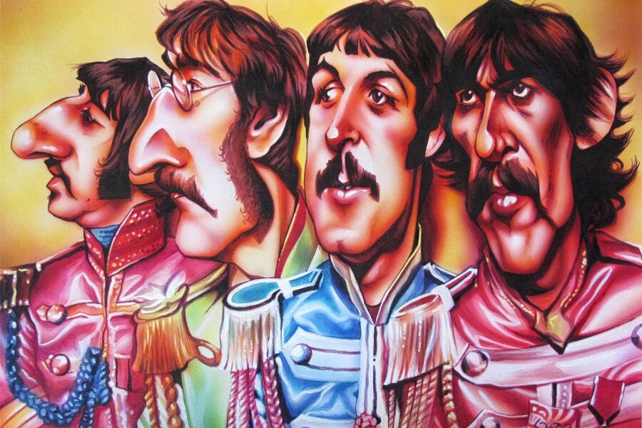 Neue Schau in Meeraner Galerie zeigt Karikaturen mit bekannten Gesichtern - Die Beatles als Karikatur aus der Hand von Johannes Saurer und zugleich Titelbild der Schau „Karockaturen“.