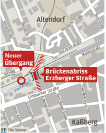 Der Übergang, der in den vergangenen Monaten als Ersatz für die abgerissene Brücke Erzbergerstraße in Chemnitz gebaut wurde, wird am Freitag offiziell freigegeben. 