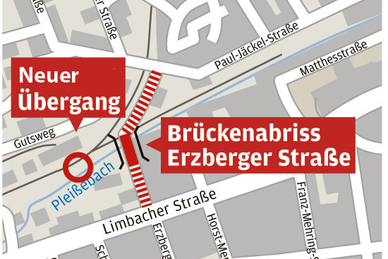 Der Übergang, der in den vergangenen Monaten als Ersatz für die abgerissene Brücke Erzbergerstraße in Chemnitz gebaut wurde, wird am Freitag offiziell freigegeben. 