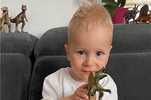 Schau mal, ein Dino. Der zweieinhalbjährige John aus Sebnitz kann heute selbstständig sitzen und mit der Plastikfigur spielen. 