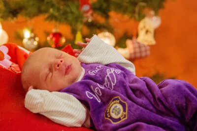 Neujahrsbaby kommt schon an Weihnachten zur Welt - Weihnachtsbaby Leon wurde für das Foto in den Farben des FC Erzgebirge Aue unterm Tannenbaum in Szene gesetzt.