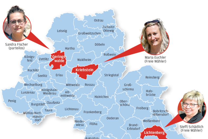 Übersicht: Drei mittelsächsische Kommunen haben eine Bürgermeisterin gewählt.