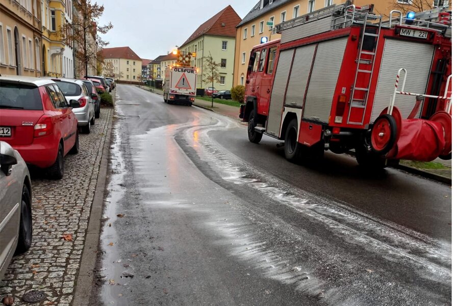 Ölspuren halten Feuerwehr in Rochlitz auf Trab - Einsatzkräfte der Feuerwehr beseitigen am Dienstag gemeinsam mit der Ölwehr eine Dieselspur, die sich auf mehrere hundert Meter hinzog.