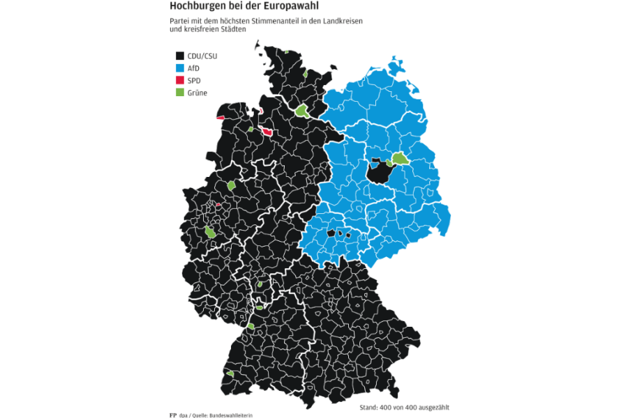 Ost-West-Debatte: Sind wir schon eine deutsche demokratische Republik? - Zerrissene Republik: Die Karte zeigt für alle deutschen Landkreise die Parteien mit den meisten Stimmen bei der Europawahl am letzten Sonntag.