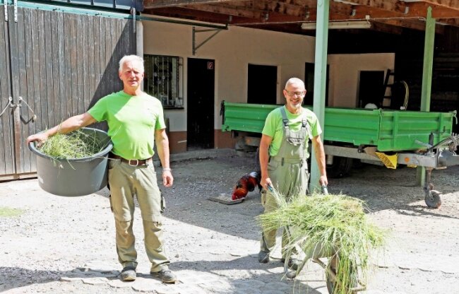 Die Tiergehege-Mitarbeiter Wolfram Endrigkeit (r.) und Lutz Gärtner auf dem Hofgelände, das in Kürze neu gepflastert wird. 