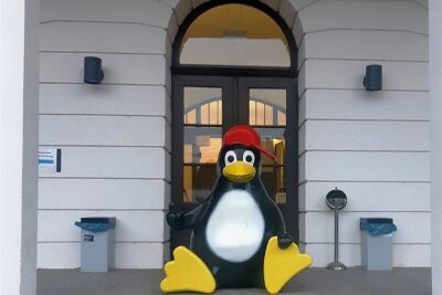 Pinguin-Figur aus Freibad in Mittweida verschleppt - Die Pinguin-Figur aus dem Mittweidaer Freibad wurde von Unbekannten vor den Eingang der Hochschule platziert.
