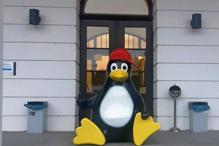 Pinguin-Figur aus Freibad in Mittweida verschleppt - Die Pinguin-Figur aus dem Mittweidaer Freibad wurde von Unbekannten vor den Eingang der Hochschule platziert.