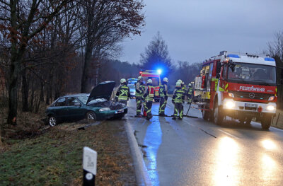 PKW wird gegen Baum geschleudert - Unfallbeteiligter ergreift die Flucht - Einsatzkräfte der FFW Hohenstein-Ernstthal am Unfallort.