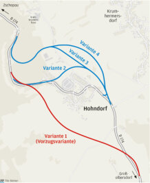 Planer bevorzugen Südwest-Umgehung - Verschiedene Varianten für die Ortsumgehung Hohndorf.