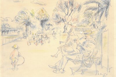 Plauener Erich-Ohser-Haus will seltene Zeichnung erwerben - Erich Ohser, Paris Studien, Jardin du Luxembourg, 1929, Bleistift und Farbstifte. 230 x 285 mm, signiert: Paris Ohser 29.