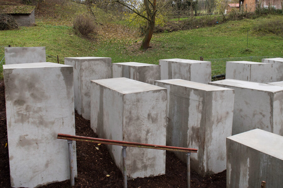 Politkunst-Aktivisten bauen Holocaust-Mahnmal neben Höckes Haus nach - Beim «Denkmal der Schande» handelt es sich um 24 Betonstelen, die ein Künstlerkollektiv in der Nähe vom Haus des AfD-Politikers Höcke aufgestellt hat.