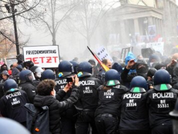 Polizei setzt Wasserwerfer bei Corona-Protest in Berlin ein -             Die Polizei setzt bei einer Demonstration gegen die Corona-Einschränkungen der Bundesregierung vor dem Brandenburger Tor Wasserwerfer ein.