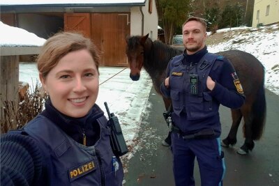 Polizisten fangen ausgebrochene Pferde ein - Eine Streife der Polizeiwache Selb hatte am Wochenende einen erfolgreichen Einsatz als Cowboys in Polizeiuniform. 