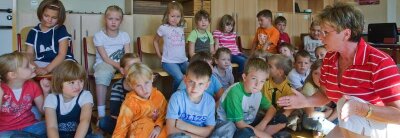Polizistin macht aus Kindern Nein-Sager - 
              <p class="artikelinhalt">Kripobeamtin Martina Kirbach erklärt Abc-Schützen der Grundschule Aue-Zelle, wie sie sich Fremden gegenüber verhalten sollen. </p>
            