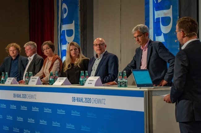 Programm und Persönlichkeit - Zu Gast waren (v.l.): Lars Faßmann (parteilos), Ulrich Oehme (AfD), Almut Patt (CDU), Susanne Schaper (Die Linke), Sven Schulze (SPD) und Volkmar Zschocke (Bündnis 90/Grüne).