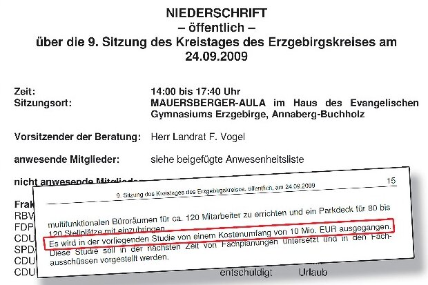 Protokoll belegt Zehn-Millionen-Aussage - "Es wird in der vorliegenden Studie von einem Kostenumfang von zehn Millionen Euro ausgegangen" - heißt es im Protokoll der Kreistagssitzung vom 24. September 2009.