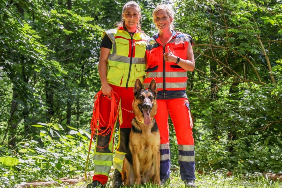 Prüfung bestanden: Hund Roland findet Person im Gebüsch - Hundeführerin Victoria Bergner (l.) mit DLRG-Rettungshund Roland jr. Böhm und Teamhelferin Lisette Sommer nach der bestandenen Prüfung. 