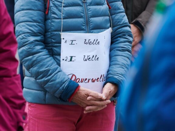             «1.Welle - 2.Welle - Dauerwelle» steht auf dem Plakat einer Demonstrantin bei einer Querdenken-Demo.