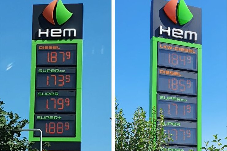 8. August kurz vor 11 Uhr: Alle Kraftstoffsorten kosten an der Hem-Tankstelle kurz vor Mittweida (links) 2 Cent mehr als bei der benachbarten Hem-Tankstelle (rechts).