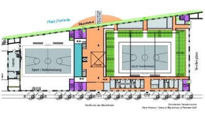 Rat befürwortet Markthallen-Pläne - 
              <p class="artikelinhalt">So könnte nach einem ersten Entwurf die untere Etage eines Sportzentrums mit zwei Veranstaltungsräumen aussehen. Die Zuschauerränge im rechten Teil würden das Spielfeld komplett einrahmen.</p>
            