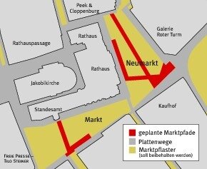 Rathaus speckt Pläne für Chemnitzer Markt ab - 
              <p class="artikelinhalt">Der neue Vorschlag des Rathauses: Das alte Pflaster bleibt auf den Plätzen. Für die Pfade werden Steine entfernt, bearbeitet und neu verlegt.</p>
            
