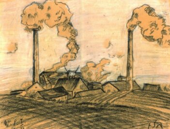 Rauchende Schornsteine statt grüner Idylle - "Zwickau-Oberhohndorf, Wilhelm-Schacht I", gezeichnet 1919 von Friedrich Näser.
