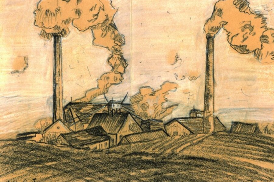 Rauchende Schornsteine statt grüner Idylle - "Zwickau-Oberhohndorf, Wilhelm-Schacht I", gezeichnet 1919 von Friedrich Näser.