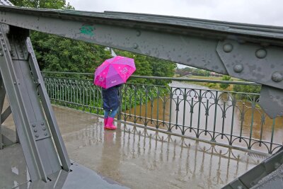 Regen lässt die Zwickauer Mulde wachsen - Regenschirm und Gummistiefel: So sah am Montag das passende Outfit in Zwickau aus. 