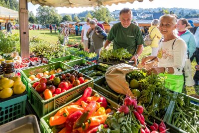 Regionale Erzeuger freuen sich über zahlreiche Besucher des Naturmarktes in Pobershau - Ilona Fritzsche kaufte bei Reinhard Guthmann (v. r.) Gemüse und Pflanzen.