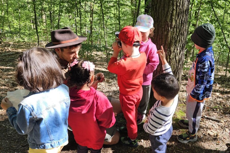 Reichenbach: Kita Wichtelhausen erforscht den Stadtwald - Forstrevierleiter Dominik Feudel brachte den Kindern auf vielfältige Weise den Lebensraum Wald nahe.