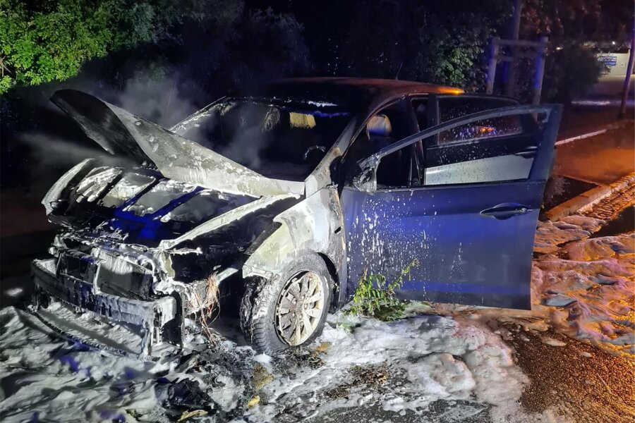 Reichenbach: Unbekannte setzen geparktes Auto in Brand - Der ausgebrannte Pkw nach dem Löschen in der Nacht zu Samstag.