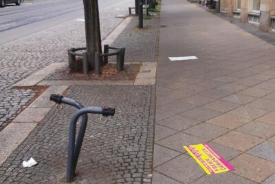 Reihenweise Wahlplakate auf der Zwickauer Bahnhofstraße entfernt - Abgetrennte Wahlplakate auf dem teilweise schon beräumten Gehweg an der Bahnhofstraße.